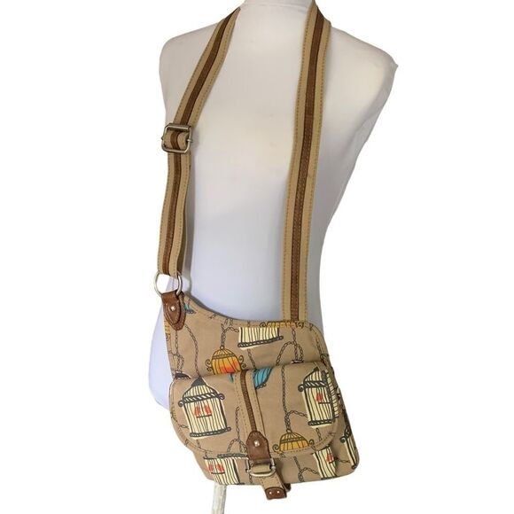 Fossil Canvas Leather Birdcage Messenger Crossbody Bag Tan - Picture 2 of 8